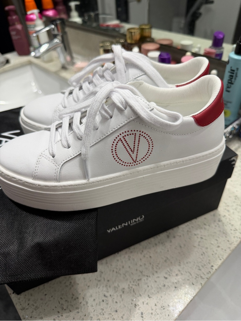 Valentino White Leather Sneakers with Red Heel Trim